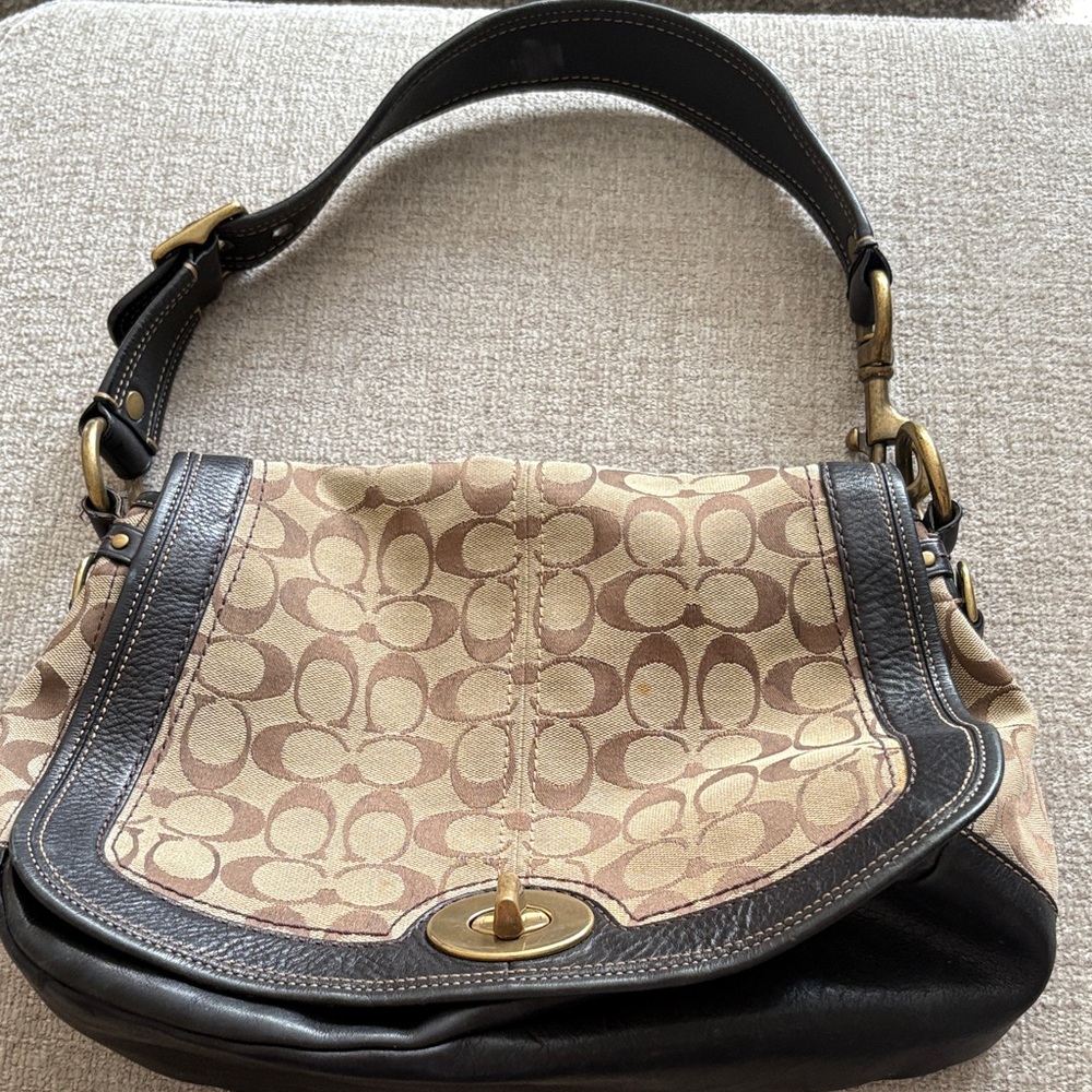 Coach Tan and Black Signature Shoulder Bag
